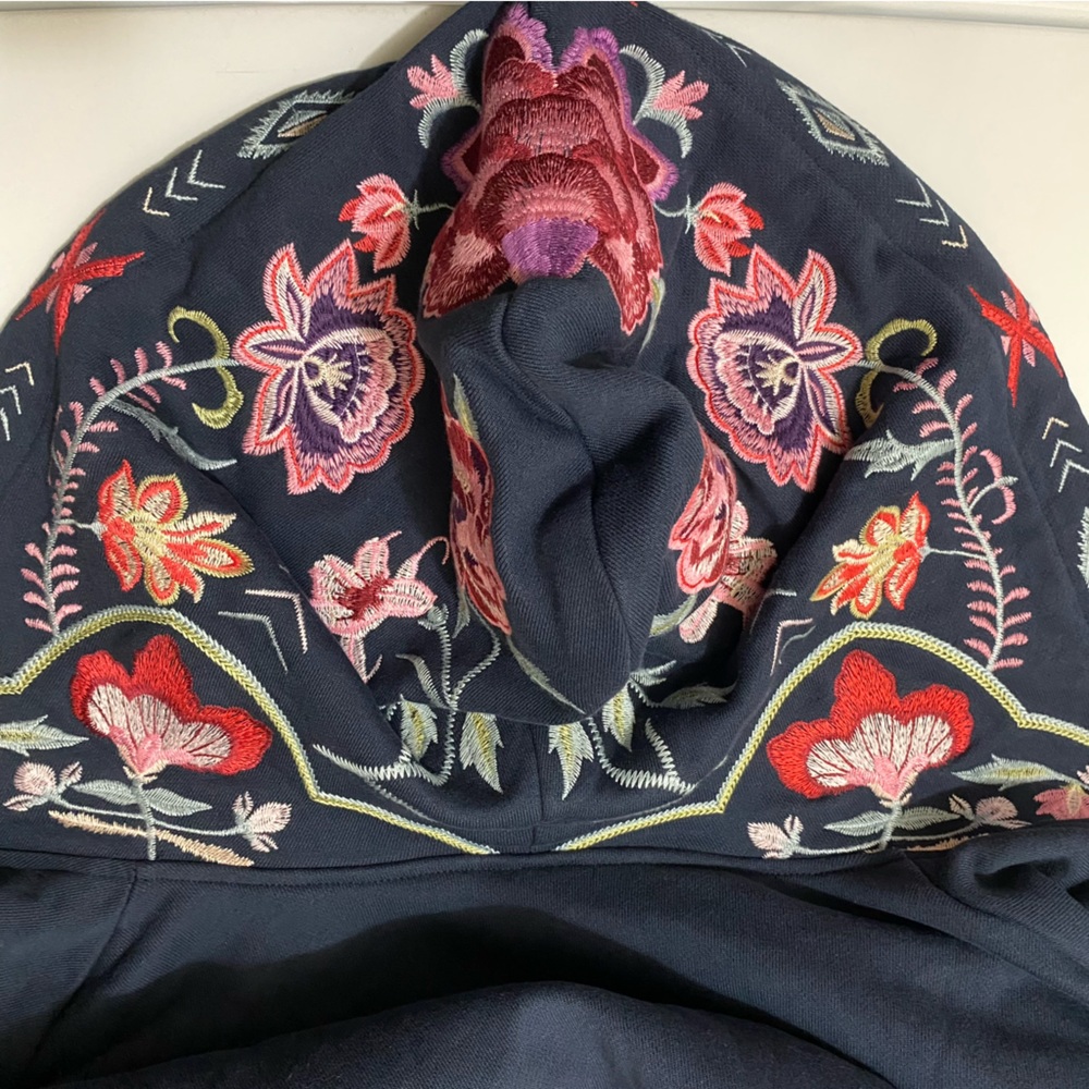 Floral Embroidery Navy Blue Boho Long Sleeves Sweatshirt Hooded Jackets, S - Picture 14 of 16